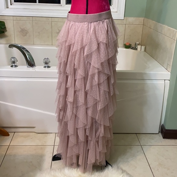 Anthropologie Tulle Ruffle MIDI Skirt Rose pink aromatic Boho Size Large - Picture 6 of 9